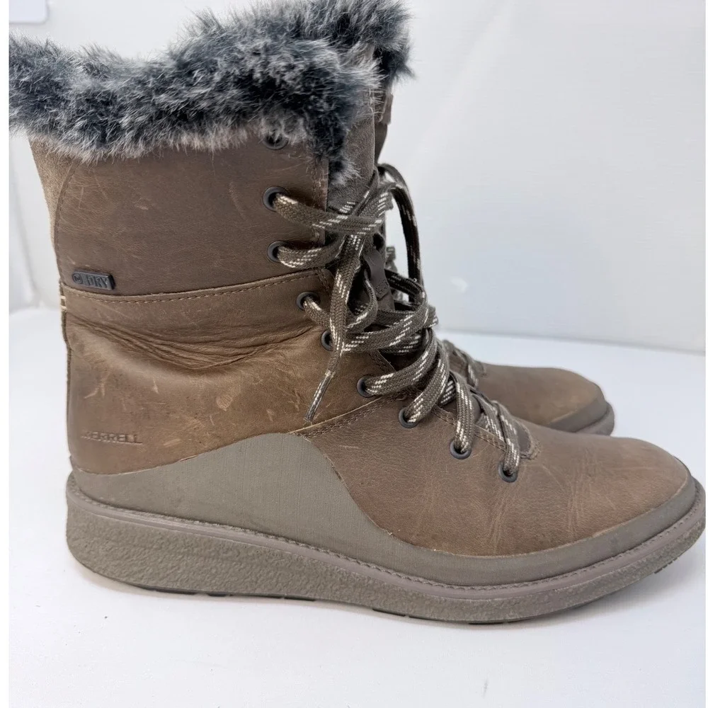 Merrell M-Select DRY Waterproof Brown Leather Faux Fur Winter Boots Womens